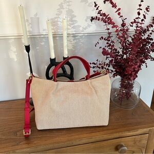 Mark & Graham Gemma Italian Rafia Tote Bag Purse Tan Red Shoulder Strap NWT